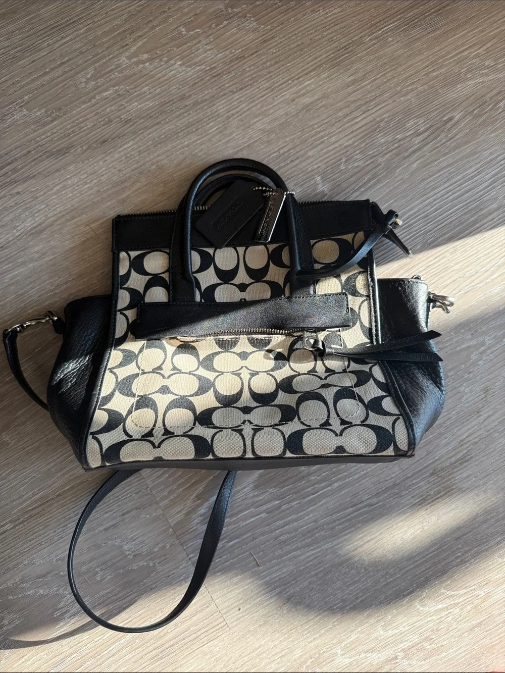 Coach Black and Cream Signature Canvas Satchel with Leather Trim